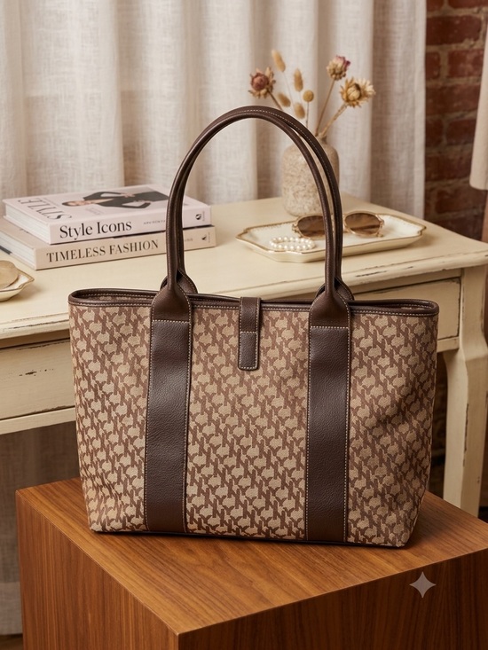 New York & Company Handbags - New York & Company Brown Patterned Tote with Dark Brown Trim